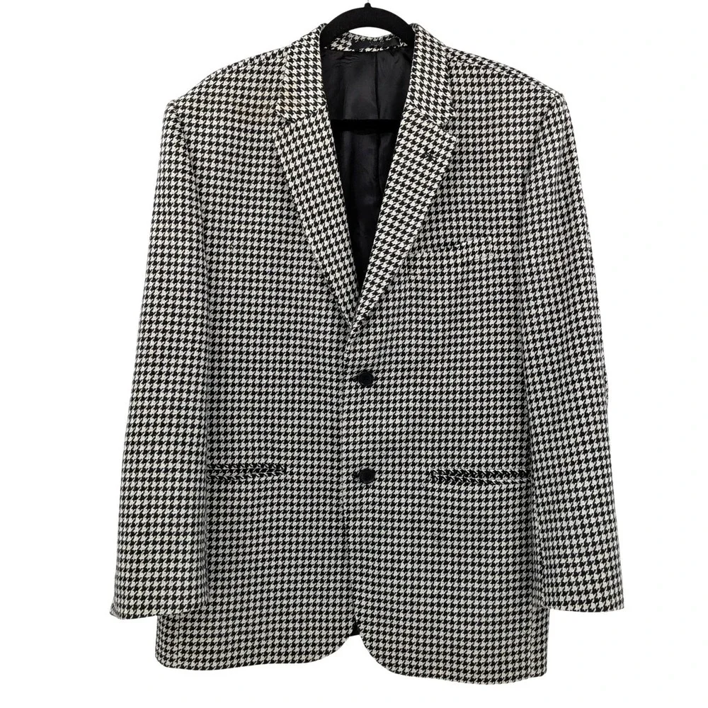 Houndstooth Wool Blend Blazer Jacket Oversized‎ Vintage Academia Coat